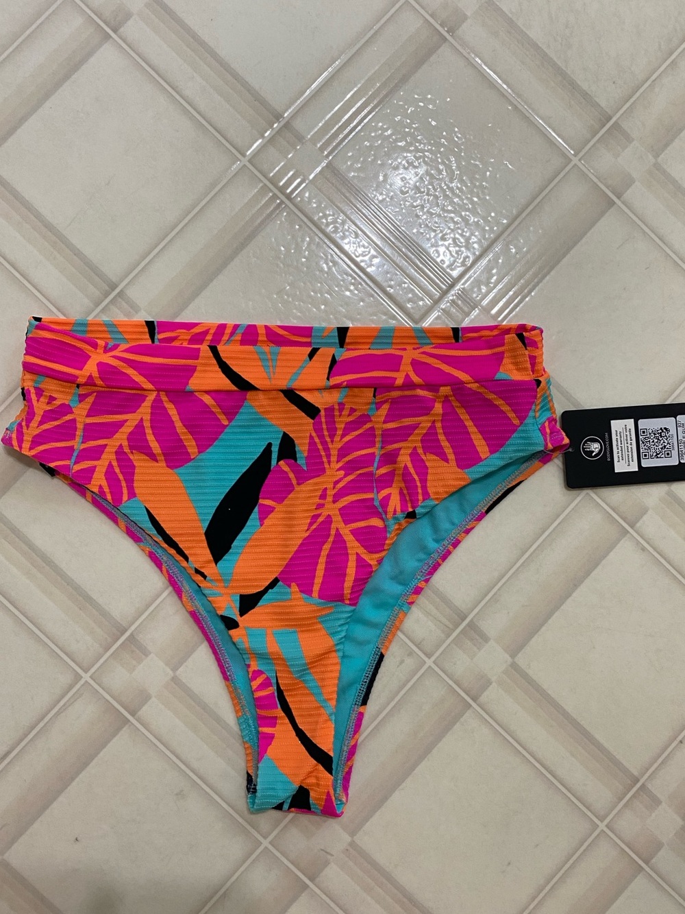 Body Glove Marlee High Waist Swimsuit Bikini Bottom in Canopy print- Pink/ aqua - Picture 2 of 5